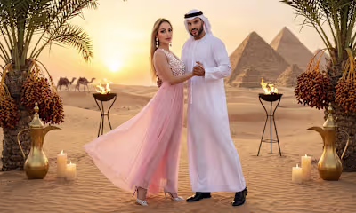 A romantic desert scene unfolds at golden sunset, where a st...