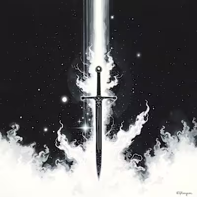 Watercolored Dark Black Glitched Sword with Comets Encircling It