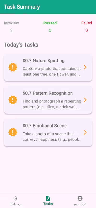 Complete tasks by submitting images. Prizes, failed, pending, a…