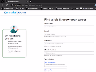 Naukri.com Registration Page Design (HTML, CSS, and JavaScript)
