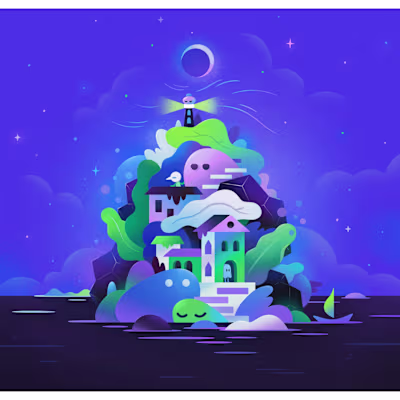 A whimsical nightscape blending architecture, nature, and em...