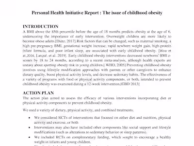 The issue of childhood obesity : Personal Health Initiative Repo