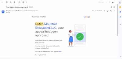 GMB Reinstatement for Dutch Mountain Excavating