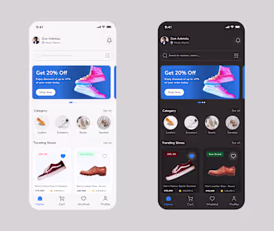 A shoe shopping dashboard in light and dark mode.