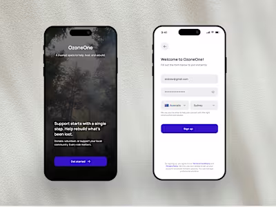 OzoneOne · Sign up flow · Civic tech mobile UI