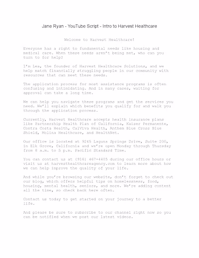 Jane Ryan Portfolio Harvest Healthcare About Us Script