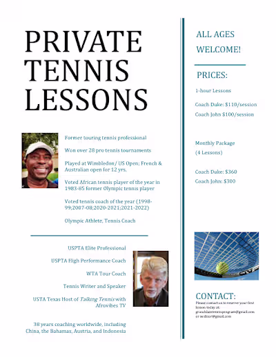 Private Tennis Lessons Flyer – Exclusive Community Outreach