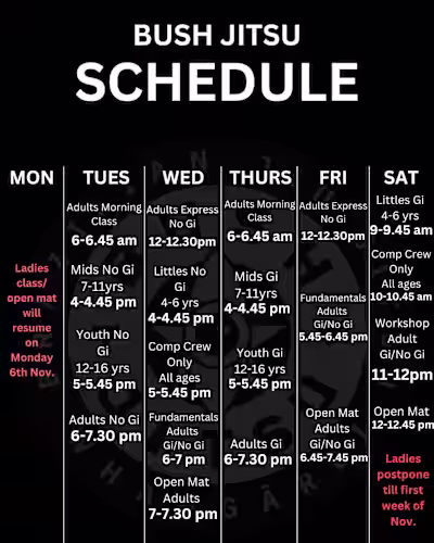 Timetable for BJJ GYM "Bush Jitsu"