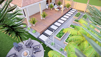 Back yard landscape design with patio, garden and firepit