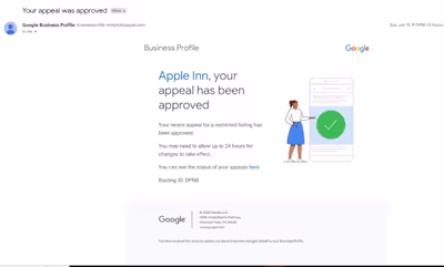 Apple Inn's Google Business Profile Reintatement 