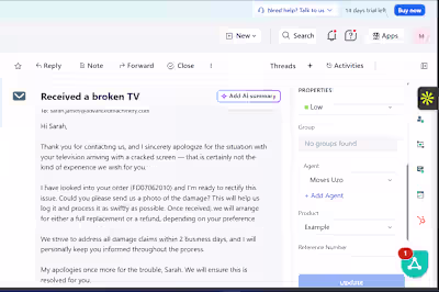 A Freshdesk ticket showing a
