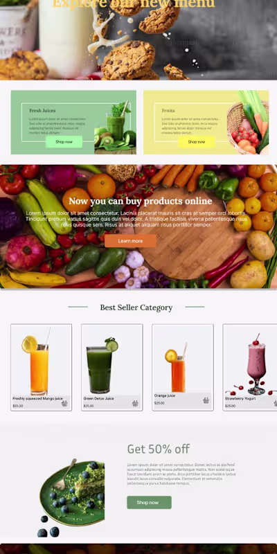 A look at a website page of a pastry and juices shop.