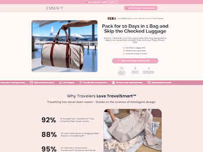 Replo Landing Page for a travel bag brand