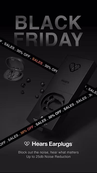 Black Friday promotional ad design for an earplug brand. To ...