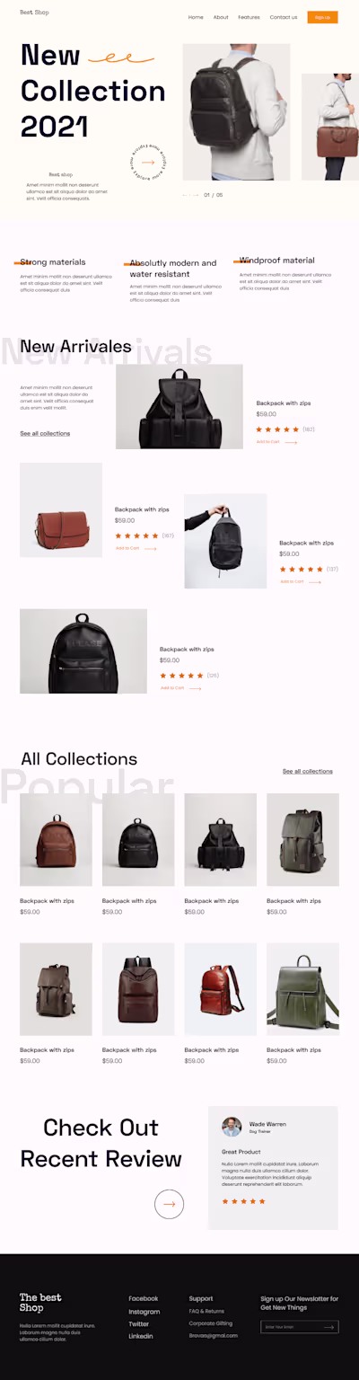Ui/Ux website design for Bag Company