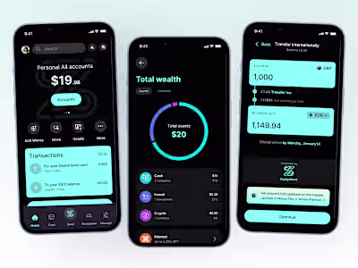 Dark-Themed Mobile Banking & Crypto Wallet App Concept
