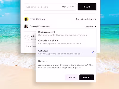 Share project dropdown for SaaS. ↓ The layout keeps everythi...