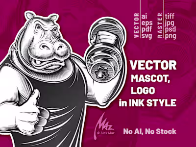 Samples of Vector mascot, logo, sticker in ink engraving linocut