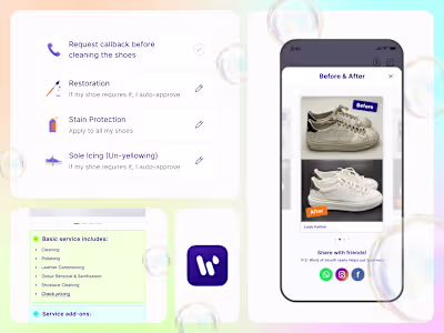 Mobile app order flow design for a shoe cleaning service
