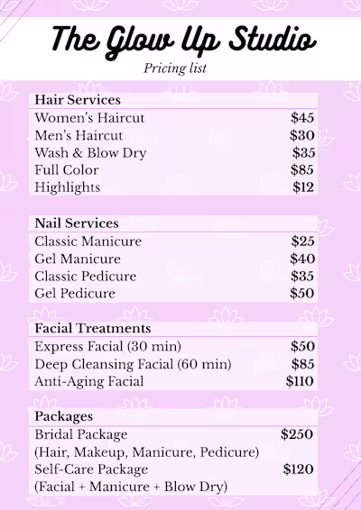 Pricing list - Pink