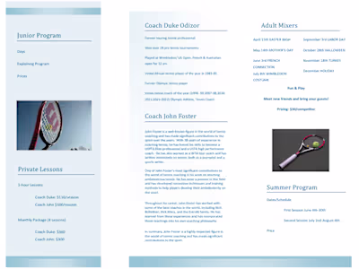 Private Tennis Programming Brochure – Summer 2023