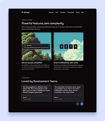 Product features and testimonials for