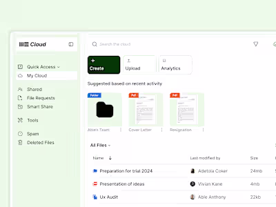 Ui Exploration for a cloud storage and collaboration tool.