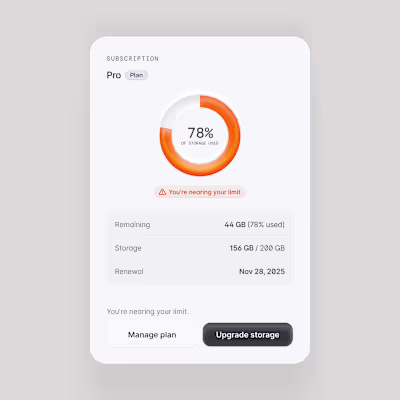 A subscription card that visually highlights storage usage t...