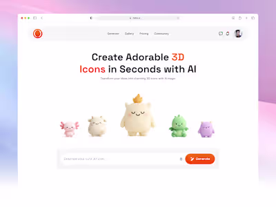 AI cute 3D Icon Generator landing page header UI/UX Design