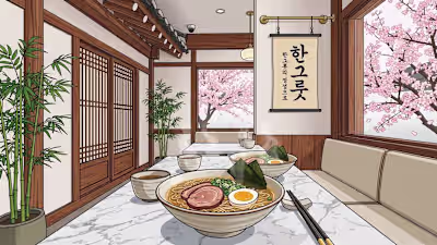 Creative Cartoon-Style Korean Ramen Restaurant Mockup Design