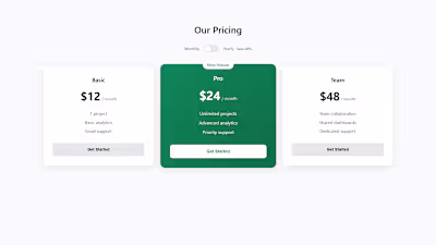 Interactive pricing toggle component with