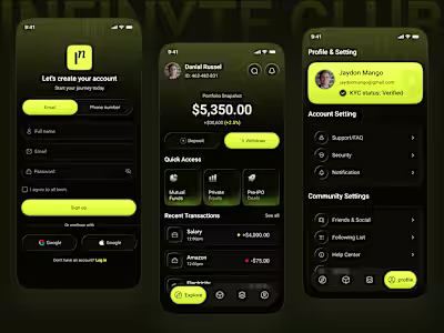 Here is my Infinyte Club — Investment & Finance App UI Redes...
