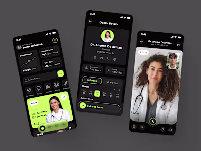 Smart Health App – Modern Dark UI for Tracking & Booking Care