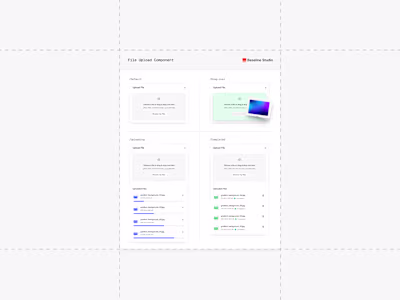 File upload component, documented by state. default → drag-o...