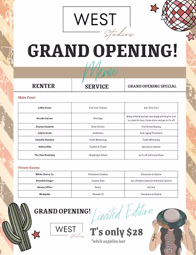 Studio Grand Opening Menu