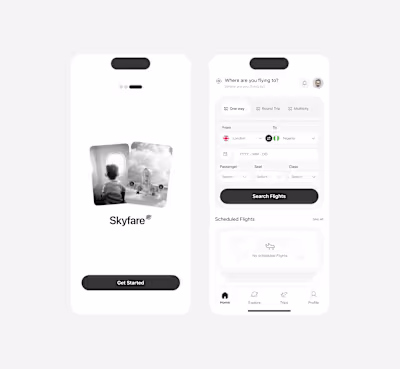 A flight booking app with a streamlined home page where plan...