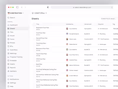 Sheets Table UI – Construction Management SaaS Web App