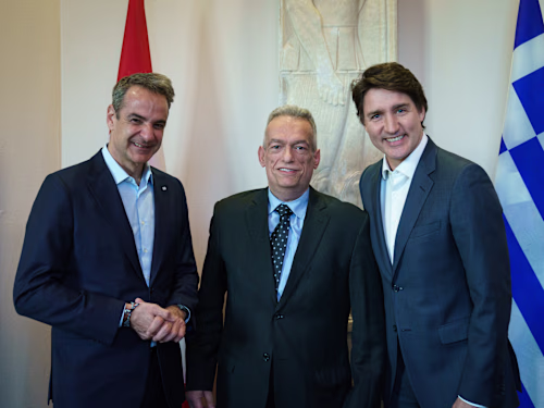 Prime Ministers Justin Trudeau and Kyriakos Mitsotakis joine...