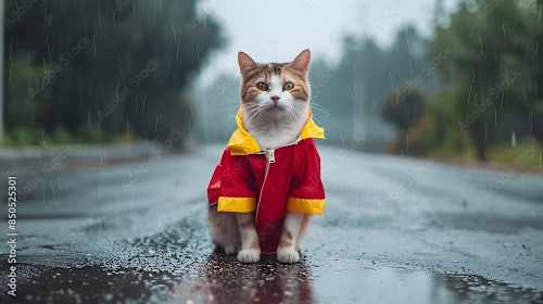 A cat wearing a red and yellow raincoat in the rain on the empt…