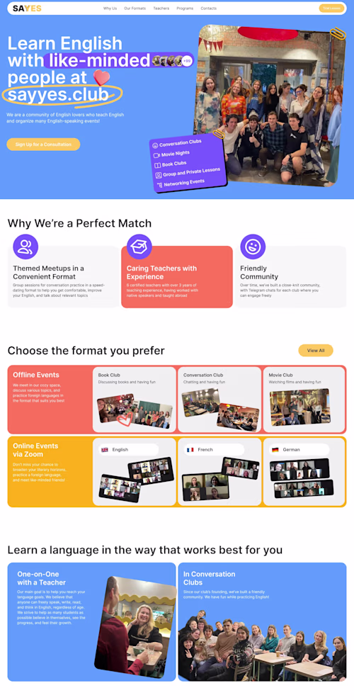 Landing page for a conversational club
