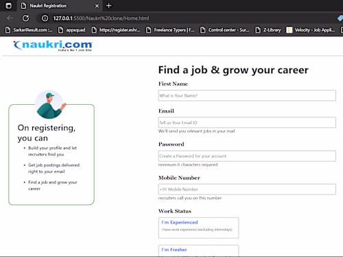 Naukri.com Registration Page Design (HTML, CSS, and JavaScript)

