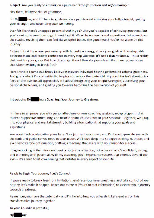 E-mail Copywriting for a fitness influencer