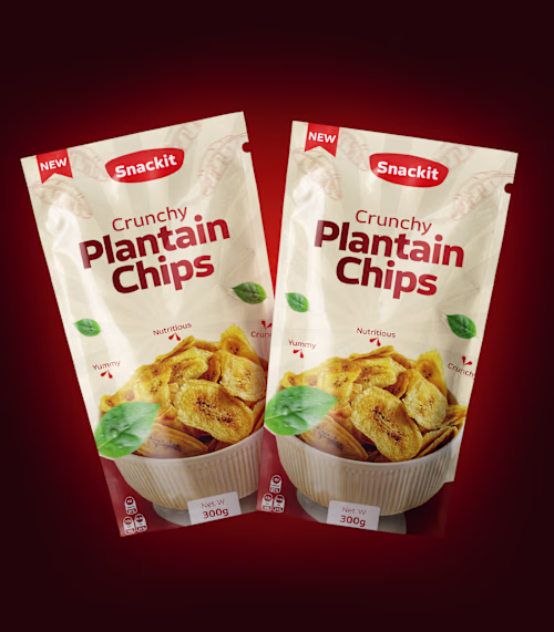label and package design for snackit plantain chips