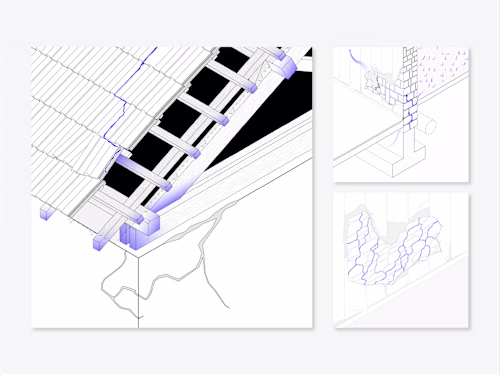 Axonometric drawings of buildings pathologies related to water