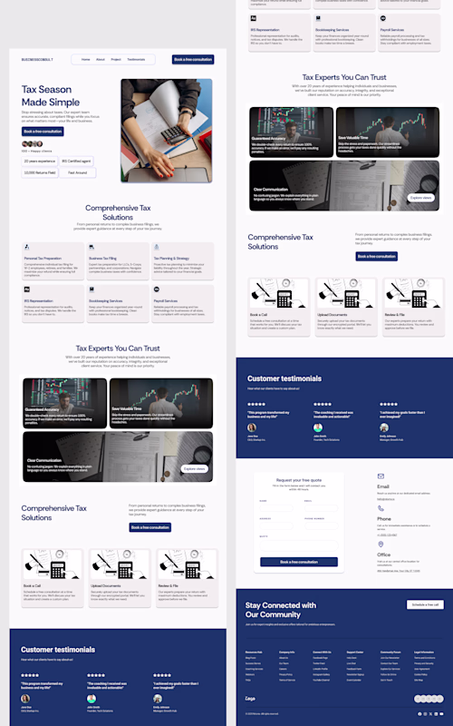 A clean, professional landing page design for a tax consulti...