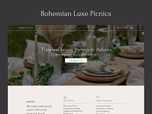 Bohemian Luxe Picnics Landing Page Design and Build