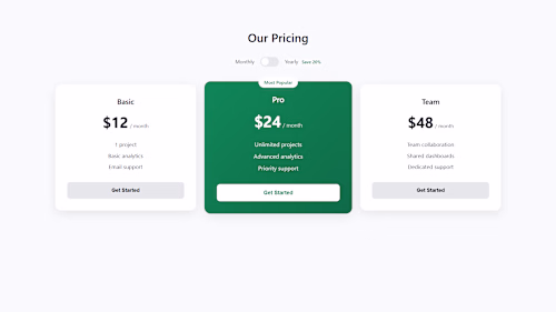 Interactive pricing toggle component with