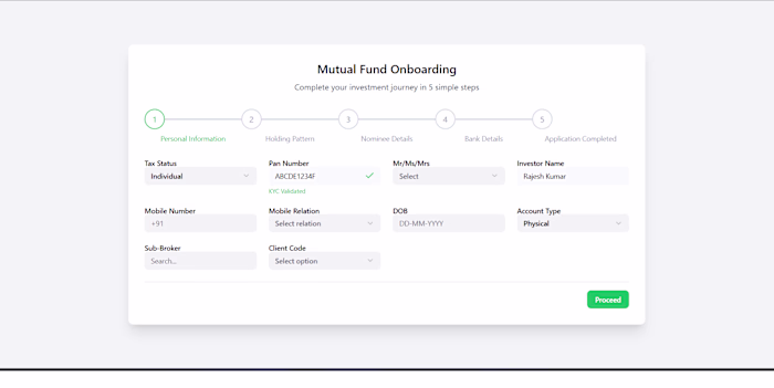 Mutual Fund onboarding screens