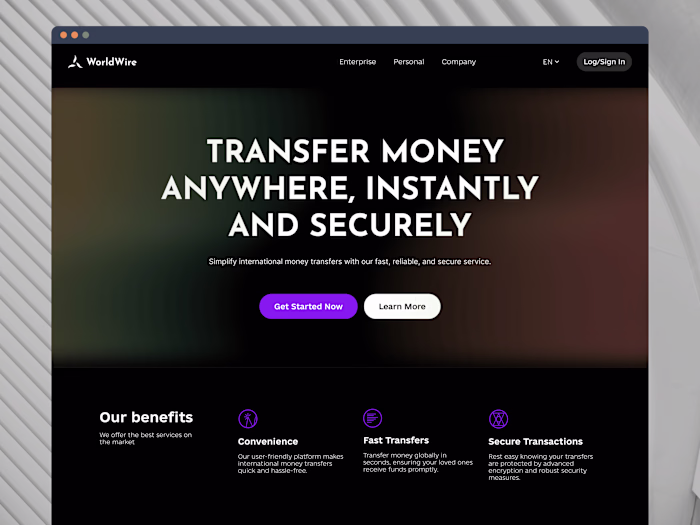 Marketing page for a money transfer app  