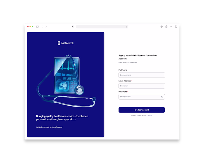 Onboarding flow of a Telemedicine Admin user